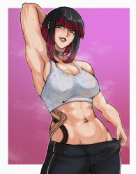 1girls abs armpit armpits makdraw25 medium_breasts muscular pose short_hair sportswear standing sweat sweating tattoo