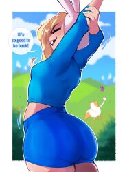 1girls adventure_time armpits arms_up ass blonde_hair cartoon_network chikkibug closed_eyes dialogue english_text female female_only fionna_and_cake fionna_the_human_girl fully_clothed hi_res smile solo speech_bubble stretching thick_ass