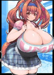 1girls animated animated_gif big_breasts bouncing_breasts bouncy breasts breasts_bigger_than_head breasts_in_motion brown_hair busty cleavage cleavage_cutout daiwa_scarlet_(umamusume) enormous_breasts female female_focus female_only gif gigantic_breasts huge_breasts kyosuke_fujiwara large_breasts light-skinned_female light_skin massive_breasts pixel_art pixelated school_uniform schoolgirl schoolgirl_uniform skirt solo solo_female solo_focus thick_thighs twintails umamusume_pretty_derby venus_body