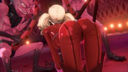 3d ann_takamaki ass bent_over blonde_hair bodysuit clothed_female_nude_male defeated demon gloves huge_cock human image incubus_(megami_tensei) light-skinned_female light_skin long_hair maledom mask monster nagoonimation persona persona_5 phantom_thief_suit protagonistsub_antagonistdom rape red_bodysuit shadow_(persona) tail twintails