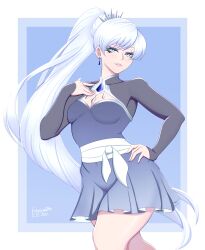 1girls blue_eyes hand_on_hip long_hair mystral_outfit rosewald1929 rwby scar scar_across_eye seductive seductive_eyes seductive_look seductive_mouth seductive_smile smile smiling smiling_at_viewer solo tagme tiara tied_hair weiss_schnee white_hair wide_hips