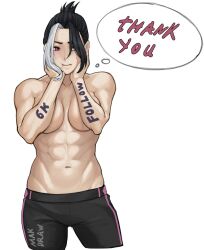 1girls abs breasts covering_breasts follower_celebration makdraw25 milestone_celebration muscular topless white_background