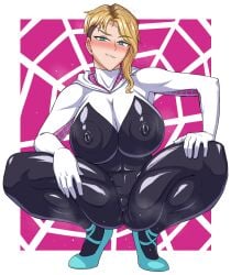 1girls alternate_breast_size big_breasts blonde_hair bodysuit eyebrow_piercing gwen_stacy gwen_stacy_(spider-verse) marvel nize solo spider-gwen spider-gwen_(spider-verse) spider-man:_across_the_spider-verse spider-man:_into_the_spider-verse spider-man_(series) squatting