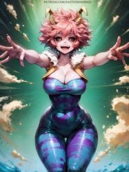 1girls acid ai_assisted ai_generated black_sclera bodysuit cleavage colored_skin curvy curvy_figure erotic_nansensu fur_trim horns large_breasts leotard mina_ashido my_hero_academia open_mouth outstretched_arms pink_hair pink_skin smile stable_diffusion vest voluptuous yellow_eyes