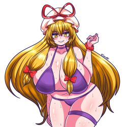 big_breasts breasts long_hair looking_at_viewer purple_bikini red_ribbon ribbon ribbons seductive seductive_look seductive_smile seireiart smile smiling_at_viewer sweat sweatdrop sweating thick_thighs thighs touhou yellow_eyes yellow_hair yukari_yakumo