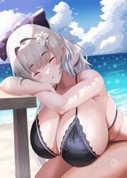 1girls absurdres aya-cis azur_lane beach bikini black_bikini blue_sky bow breasts closed_eyes cloud day female grey_hair hairbow highres horizon huge_breasts leaning_forward light-skinned_female light_skin long_hair ocean official_alternate_costume outdoors purple_bow sagging_breasts sand sardegna_empire_(azur_lane) sitting sky sleeping solo summer swimsuit vittorio_veneto_(azur_lane) vittorio_veneto_(the_flower_of_la_spezia)_(azur_lane) water