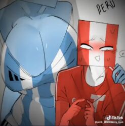 adidas argentina_(countryhumans) big_breasts blush countryhumans countryhumans_girl hand_on_shoulder nervous peru_(countryhumans) pink_strawberry_look_(artist) smaller_male taller_female tiktok