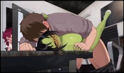 1boy 2d 2d_animation 2girls animated being_watched big_breasts black_hair blush brown_hair choker claws clothed_male_nude_female clothed_sex faceless_male female female_penetrated glasses goat-chan_(enarane) goblin goblin_female green_body green_skin grimgrim hand_holding happy_sex high_heels high_resolution huge_breasts human humanoid hybrid_animation leg_lock leg_wrap legs_up light-skinned_male longer_than_30_seconds looking_pleasured mating_press missionary_position no_sound office_lady_daughter_(grimgrim) on_back on_table sex shoes_only short_playtime shortstack steam sweat top_heavy video