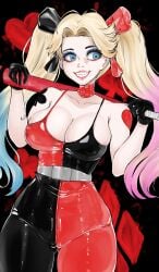 1girls baseball_bat batman_(series) big_breasts blonde_hair blue_eyes cameltoe cleavage dc dc_comics dyed_hair female female_only grin harley_quinn large_breasts moisty_boo multicolored_hair skin_tight solo twintails twintails_(hairstyle)