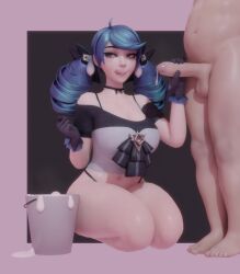 10_seconds 1boy 1girls 3d :p animated big_ass big_breasts blue_hair bucket condom condom_accessories condom_hair_ornament cum cum_bucket cum_drip cum_in_container gloved_handjob gloves gwen_(league_of_legends) half-closed_eyes handjob highres kittyyevil kneeling league_of_legends loop milking milking_penis on_knees partial_male partially_clothed pinup short_playtime shorter_than_10_seconds shorter_than_30_seconds shorter_than_one_minute simple_background sound thick_thighs tongue tongue_out twin_drills twintails used_condom used_condom_in_hair used_condoms video