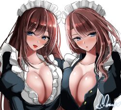 2girls absurdres azur_lane black_dress blue_eyes blush braid breast_press breasts brown_hair cleavage curacoa_(azur_lane) curacoa_(retrofit)_(azur_lane) curlew_(azur_lane) curlew_(retrofit)_(azur_lane) dress frills hair_between_eyes highres hisin huge_breasts juliet_sleeves large_breasts light-skinned_female light_skin long_hair long_sleeves looking_at_viewer maid maid_headdress multiple_girls open_clothes open_mouth open_shirt puffy_sleeves purple_hair retrofit_(azur_lane) royal_navy_(azur_lane) signature single_braid smile symmetrical_docking taut_clothes taut_dress upper_body