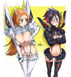 2girls anger_vein big_breasts bleach bleach:_the_thousand-year_blood_war blush breast_envy breasts cleavage cosplay crossover crossover_cosplay feet_out_of_frame female female_only inoue_orihime junketsu junketsu_(cosplay) kill_la_kill kiryuuin_satsuki_(cosplay) kuchiki_rukia legs_together long_hair matoi_ryuuko_(cosplay) midriff multiple_girls navel open_mouth petite_body petite_female revealing_clothes senketsu senketsu_(cosplay) short_hair skinny small_breasts smaller_female thigh_gap tomboy waligner