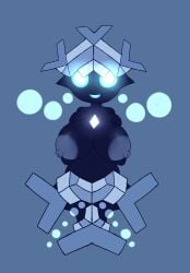 anthro big_breasts black_body breasts cryogonal female glowing_eyes hand_on_breast hi_res ice looking_at_viewer metachoke nintendo nipples pokémon_(species) pokemon simple_background smile snowflake solo unusual_anatomy