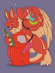 alcohol anthro balls beverage bodily_fluids closed_eyes dragon feathered_wings feathers fur genitals hi_res knot male minedash_(character) penis red_body symrea wings