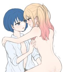 2girls blonde_female blonde_hair blue_eyes blue_hair clothed_female drool drool_string drooling female female_only hand_on_breast kiritani_haruka kissing more_more_jump!_(project_sekai) multiple_girls naked naked_female nude nude_female pink_eyes project_sekai short_hair tenma_saki twintails yuri