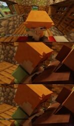 1boy 1girls 3d alex_(minecraft) big_ass big_breasts big_penis blowjob comic cum_in_mouth green_eyes heart-shaped_pupils minecraft orange_hair square_head taraguz tongue_out video_games villager_(minecraft)