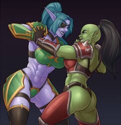 abs armor ass bikini_armor blue_hair blue_skin breasts catias combat cuti-chan elf_female eye_patch female fit_female green_skin holding_hands interlocked_fingers night_elf night_elf_female notcuti orc orc_(warcraft) orc_futanari original_character ponytail stare staredown warcraft world_of_warcraft wrestling