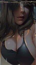 1girls ai_generated big_breasts brown_hair leather leather_bra long_hair necklace stable_diffusion