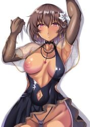 1girls armpits arms_up breasts dress flower mizuki_yukikaze nipples one_breast_out panties parapetto short_hair solo tagme taimanin_(series)