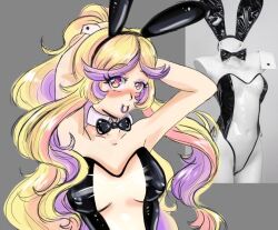 arms_behind_head arms_up blonde_hair blushing bowtie bunny_ears bunny_girl bunnysuit extremely_long_hair hairtie indie_virtual_youtuber large_breasts leotard lumi_celestine_(vtuber) multicolored_hair playboy_bunny ponytail purple_hair see-through_clothing see_through transparent_bunnysuit virtual_youtuber vtuber