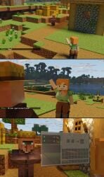 1boy 1girls 3d alex_(minecraft) big_ass big_breasts big_penis blowjob comic green_eyes heart-shaped_pupils minecraft orange_hair square_head tongue_out video_games villager_(minecraft)