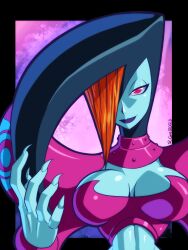 1girls bangs big_breasts blue_skin cleavage helmet lipstick mature_female midriff nintendo oracle_of_ages red_hair rongs1234 tagme the_legend_of_zelda top_view veran voluptuous