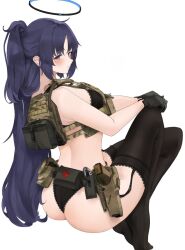 1girls ass black_legwear black_panties black_underwear blue_archive blue_eyes blue_hair blush bra combat_gear dark_hair female from_behind fte_(fifteen_199) garter_straps gloves lace lace-trimmed_panties lace_trim lingerie long_hair looking_at_viewer millennium_science_school_student panties pistol ponytail purple_hair seminar_(blue_archive) solo stockings suspenders tagme thick_thighs thighhighs thighs underwear very_long_hair white_background yuuka_(blue_archive)