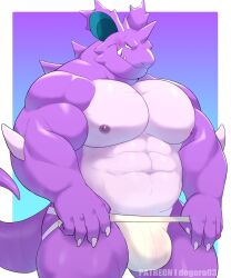 abs anthro biceps blush bulge claws clothing generation_1_pokemon hi_res horn jockstrap looking_back male male_only muscular muscular_anthro muscular_male nidoking nintendo nipples o-ro pecs pokemon pokemon_(species) purple_body scalie smile solo teeth underwear