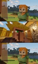 1boy 1girls 3d alex_(minecraft) big_ass big_breasts big_penis blowjob comic cum_in_mouth green_eyes heart-shaped_pupils minecraft orange_hair square_head tears tongue_out video_games villager_(minecraft)