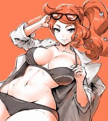 1girls big_breasts black_bra black_panties bra breasts cleavage clothing female female_only large_breasts legs_together long_hair looking_at_viewer matching_underwear missfaves nintendo orange_hair orange_theme panties pokemon pokemon_professor pokemon_ss side_ponytail smile solo sonia_(pokemon) wide_hips