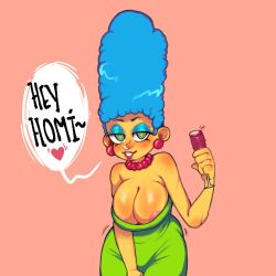 1girls 2020 alcohol blue_hair boni_kasatteru color digital_media_(artwork) drunk english english_text exposed_nipples horny_female leaning_forward marge_simpson speech_bubble the_simpsons wine yellow_body yellow_skin