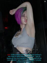 1girls 3d armpit armpits blender caption colored cyberpunk_2077 female female_only judy_alvarez leather_overalls overalls smell smelling smelling_armpit sniff sniffing sniffing_armpit solo stinky sweaty tattoo tattoos text theblendertaper