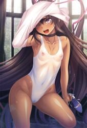 1girls aoi_nagisa_(artist) breasts choker covered_nipples dark-skinned_female female long_hair mizuki_yukikaze pink_eyes see-through small_breasts solo swimsuit tagme taimanin_(series) undressing