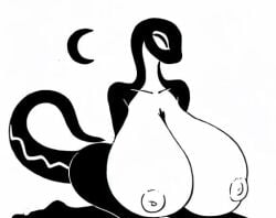 1girls big_breasts black_and_white breasts chicboy female furry huge_breasts hyper_breasts nipples nude nude_female original snake snake_eyes snake_girl snake_humanoid snake_tail