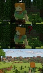 1boy 1girls 3d alex_(minecraft) big_ass big_breasts big_penis blowjob comic cum_in_mouth green_eyes minecraft orange_hair square_head tongue_out video_games villager_(minecraft)