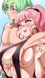 1boy 1girls abs absurdres aroused black_slingshot_swimsuit blush breast_grab breasts byleth_(fire_emblem) byleth_(fire_emblem)_(male) byleth_(male)_(fire_emblem) ceroccb commission commissioner_upload earrings english_commentary fire_emblem fire_emblem:_three_houses grabbing grabbing_another's_breast green_hair hetero highres hilda_valentine_goneril hoop_earrings jewelry large_breasts nintendo pink_hair ponytail sideboob slingshot_swimsuit smile straight sweatdrop swimming_trunks swimsuit topless_male upper_body