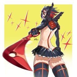 1girls ass back bleach bleach:_the_thousand-year_blood_war boots crossover_cosplay kill_la_kill kuchiki_rukia matoi_ryuuko_(cosplay) petite scissor_blade senketsu senketsu_(cosplay) skinny small_breasts waligner