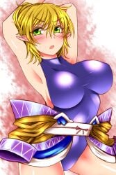 1girls armpits arms_up belly_button blonde_hair blush breasts clothed green_eyes large_breasts mizuhashi_parsee mizuhashi_parsee navel nipples_visible_through_clothing open_mouth pointy_ears roki_(hirokix) short_hair solo thighs tight_clothing touhou yellow_hair