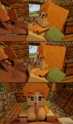 1boy 1girls 3d alex_(minecraft) big_ass big_breasts big_penis blowjob comic cum_in_mouth green_eyes heart-shaped_pupils minecraft orange_hair paizuri square_head taraguz titjob tongue_out video_games villager_(minecraft)