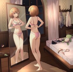 1girls 2020s 2023 absurd_res artist_request ass bare_legs bare_shoulders barefoot bedroom blush bra breasts brown_eyes brown_hair collarbone female flower full_body gekota hair_flower hair_ornament hi_res indoors lingerie matching_hair/eyes mirror misaka_mikoto navel night night_sky panties pink_bra pink_panties rear_view reflection shadow shoulder_blades sky small_breasts smile solo standing stomach teenage_girl teenager tight_fit to_aru_kagaku_no_railgun to_aru_majutsu_no_index toes trying_on_clothes underwear young