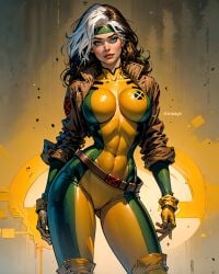 ai_generated bodysuit breasts fr34ky hourglass_figure marvel marvel_comics multicolored_hair rogue_(x-men) skintight slim slim_waist stable_diffusion superheroine x-men