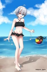 1girls beach beach_ball bikini cat clouds day full_body heterochromia highres looking_at_viewer nisha_nixyeva ocean short_hair virtual_youtuber white_hair