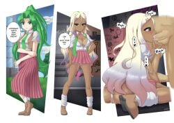 07th_expansion before_and_after bimbo bimbofication english_text fellatio female gyaru hair_color_change higurashi_no_naku_koro_ni huge_ass huge_breasts midriff mion_sonozaki navel personality_change shortstack tan text thick_thighs transformation wide_hips