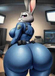 ai_generated anthro ass big_ass big_butt cameltoe cop diplive7 disney fully_clothed judy_hopps lagomorph leporid looking_at_viewer mammal office rabbit solo tight_clothing uniform vagina_visible_through_clothing zootopia