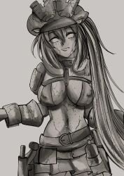 cleavage happy hat navel nipple_bulge original original_character petrification ripsaw72a3 shrugging side_ponytail smile