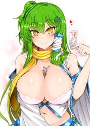 1girls belly_button blush bra breast_focus breasts cleavage clothed collarbone frog_hair_ornament green_hair hair_tubes heart japanese_text kochiya_sanae large_breasts long_hair looking_at_viewer navel object_between_breasts open_clothes roki_(hirokix) sanae_kochiya scarf shirt_open snake_hair_ornament solo sweat touhou translation_request yellow_eyes