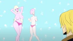 afrodita_(destripando_la_historia) background blonde_hair breasts closed_eyes destripando_la_historia female female_focus hair male nipples one_piece pink_hair pink_panties sanji simple smug topless topless_female