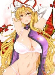 1girls armpits arms_up belly_button blonde_hair blush bra breasts clothed eyes gloves hat heart large_breasts long_hair looking_at_viewer mob_cap navel open_mouth panties ribbon roki_(hirokix) solo sweat touhou underwear white_panties yakumo_yukari yellow_eyes yellow_hair yukari_yakumo