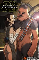 1boy 1girls alx_(fuckit) ass brown_body brown_fur chewbacca comic comic_cover cover duo english_text female fur happy hi_res human interspecies light-skinned_female looking_at_viewer looking_back male male/female mammal nude_female rey smile star_wars teeth text the_force_awakens wookiee