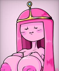 1girls 2d 2d_(artwork) adventure_time big_breasts blush crown female female_only hand_on_breast hands_on_breasts huge_breasts huge_nipples long_hair loogi_black pink_body pink_hair pink_skin princess_bubblegum uncensored uncensored_breasts